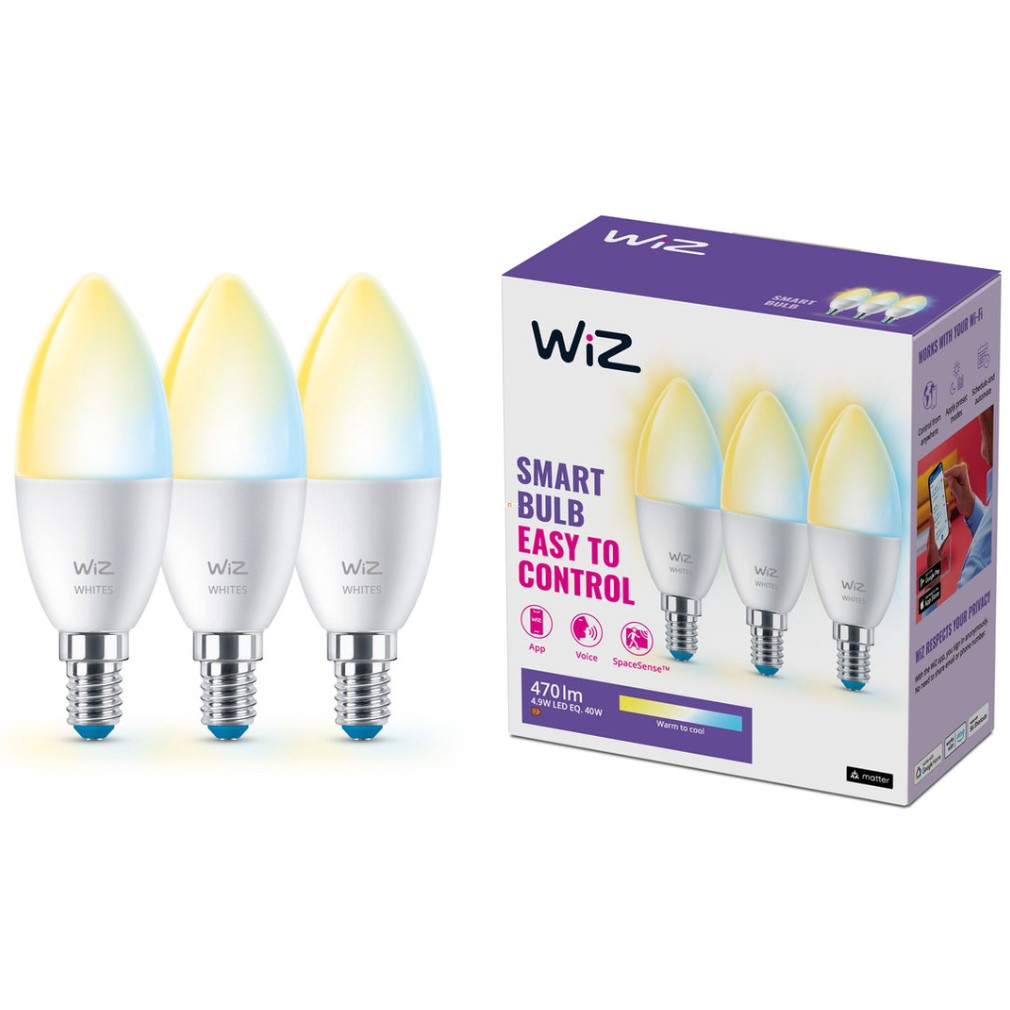 WiZ smart E14 LED, formă de lumânare, 2200-6500 K, înlocuire bec 40 W, 3 bucăți