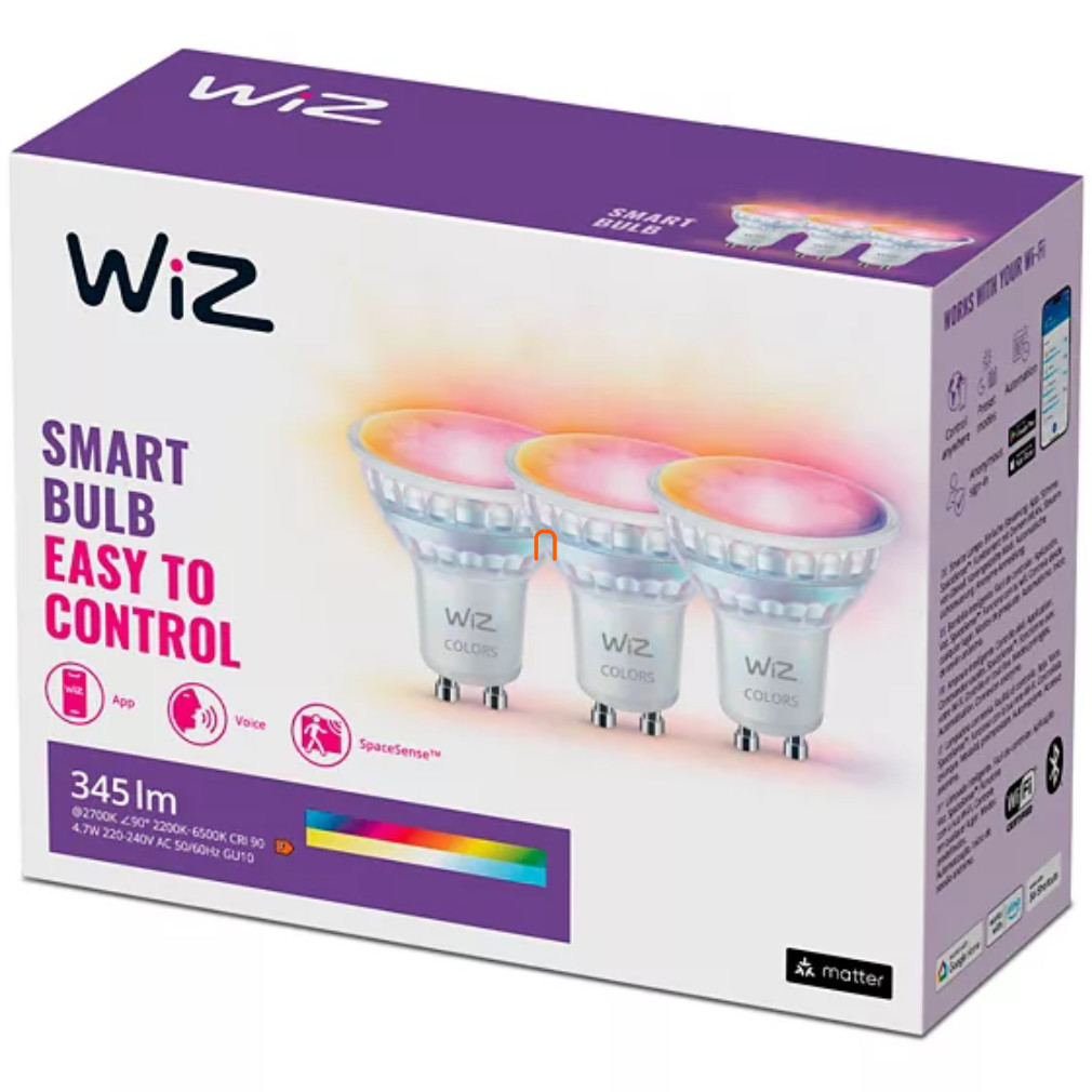 WiZ smart GU10 LED 2200-6500K, înlocuire bec 50W (RGBW) 3 bucăți/pachet