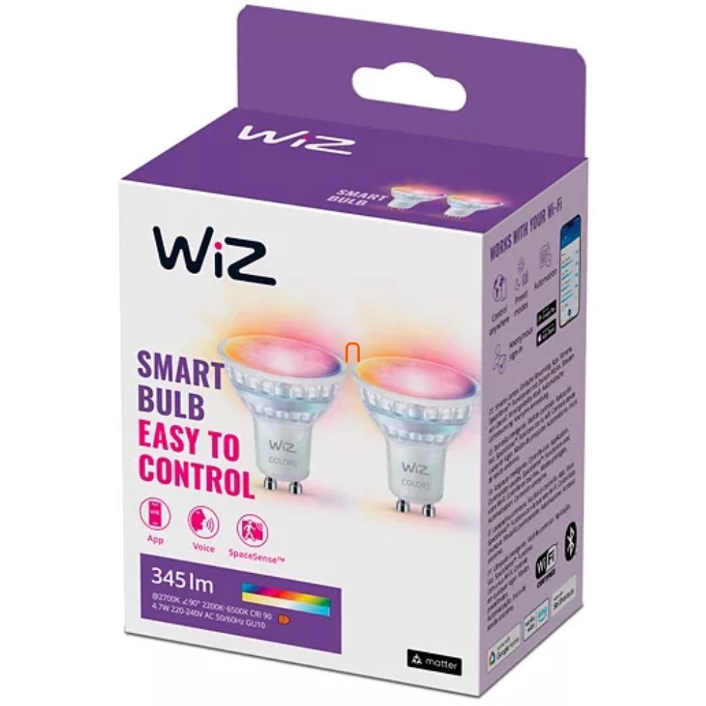 WiZ smart GU10 LED 2200-6500K, înlocuire bec 50W (RGBW) 2 bucăți/pachet