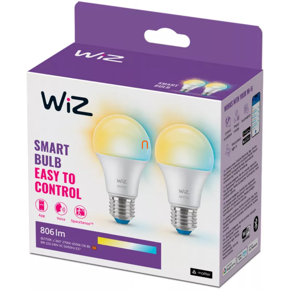 WiZ smart E27 LED 2700-6500K, înlocuire bec 60W 2 bucăți/pachet