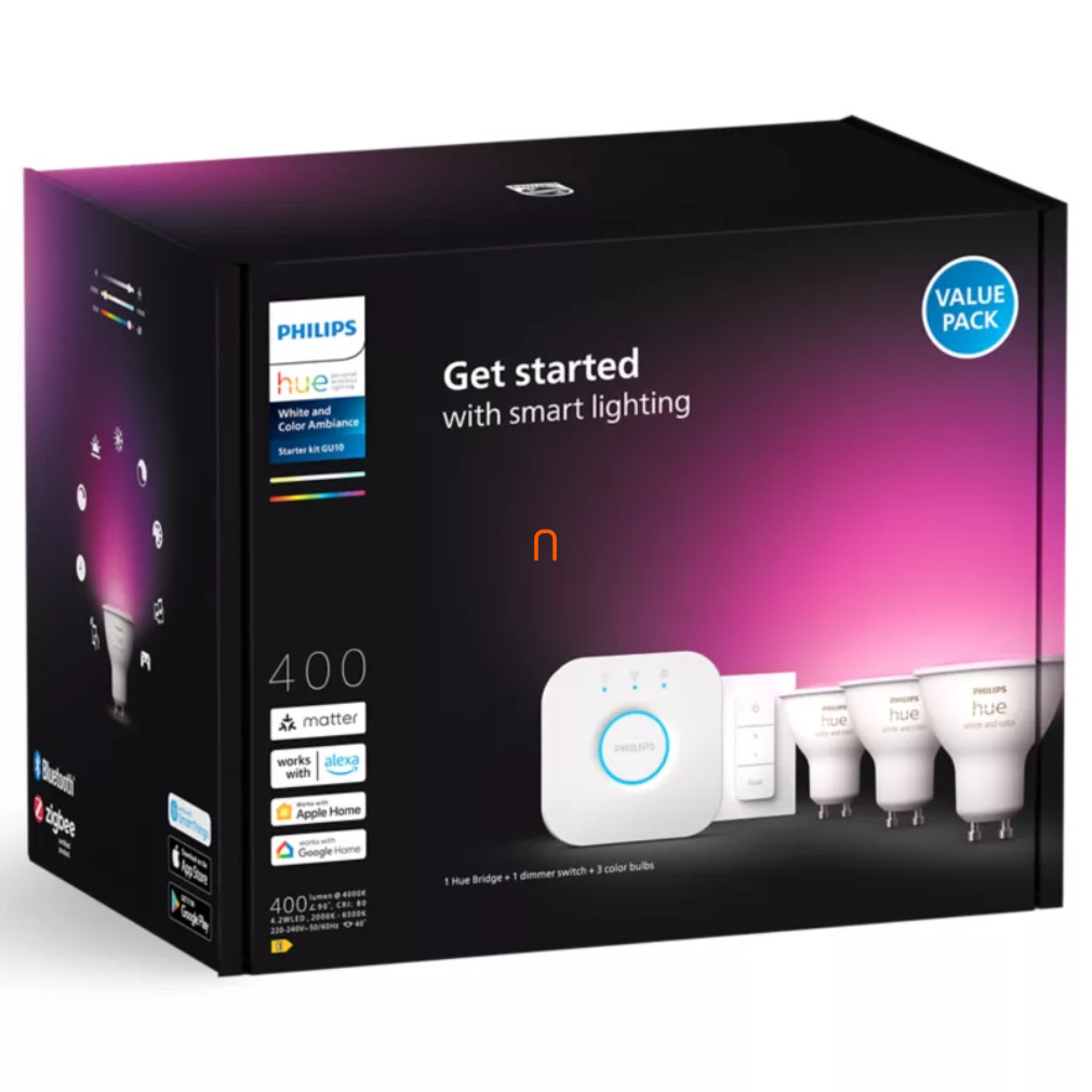 Philips Hue Ambianță albă și colorată 4,2W GU10 LED sursă de lumină 3db/pachet + Hue Bridge + DIM Switch