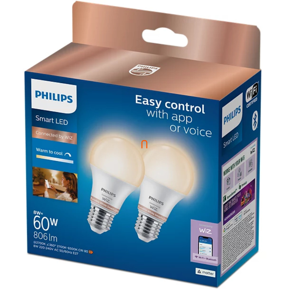 WiZ smart E27 LED 2700-6500K, înlocuire bec 60W 2 bucăți/pachet