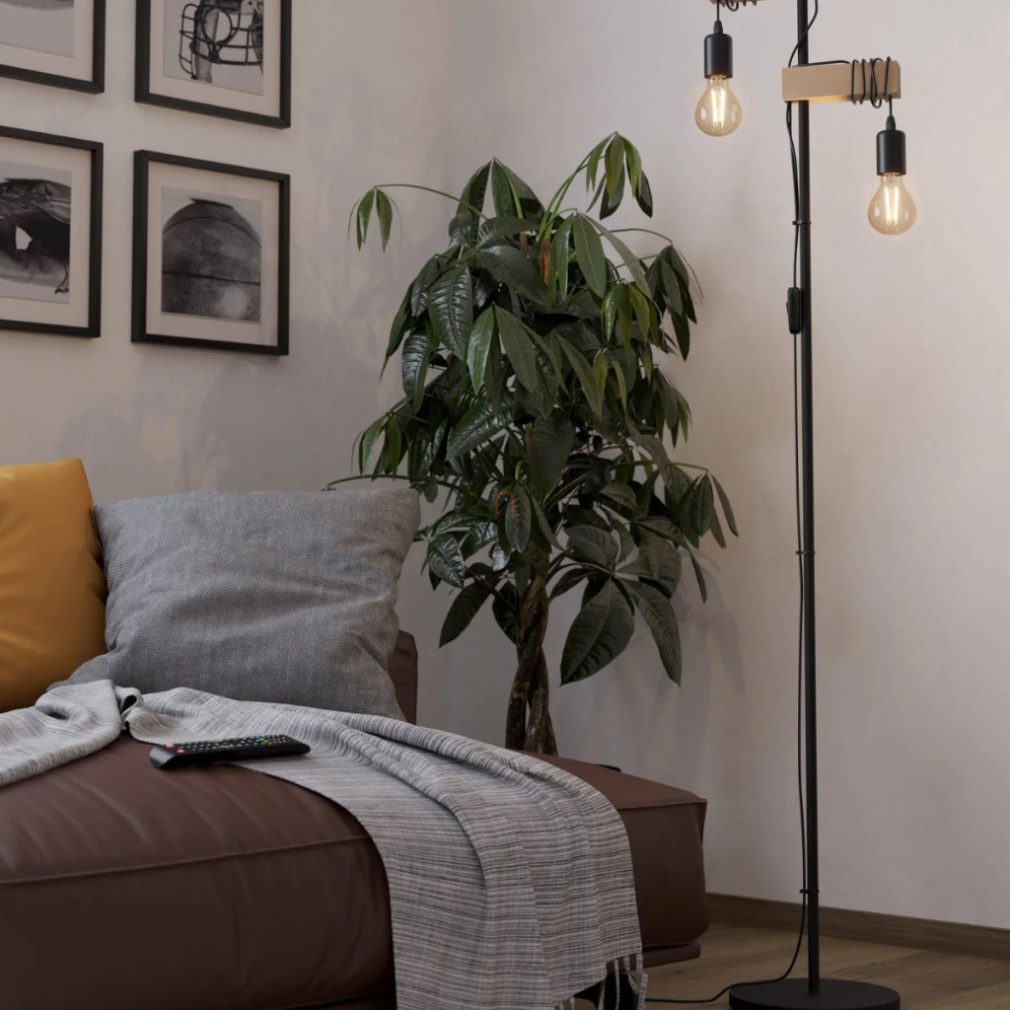 Lampa de podea 167 cm, culoare negru-lemn - Townshend Eglo 43516, întrerupător cu șnur, 2xE27 soclu