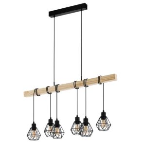   Lampă suspendată cu șase socluri, negru și culoarea lemnului - Townshend Eglo 44076