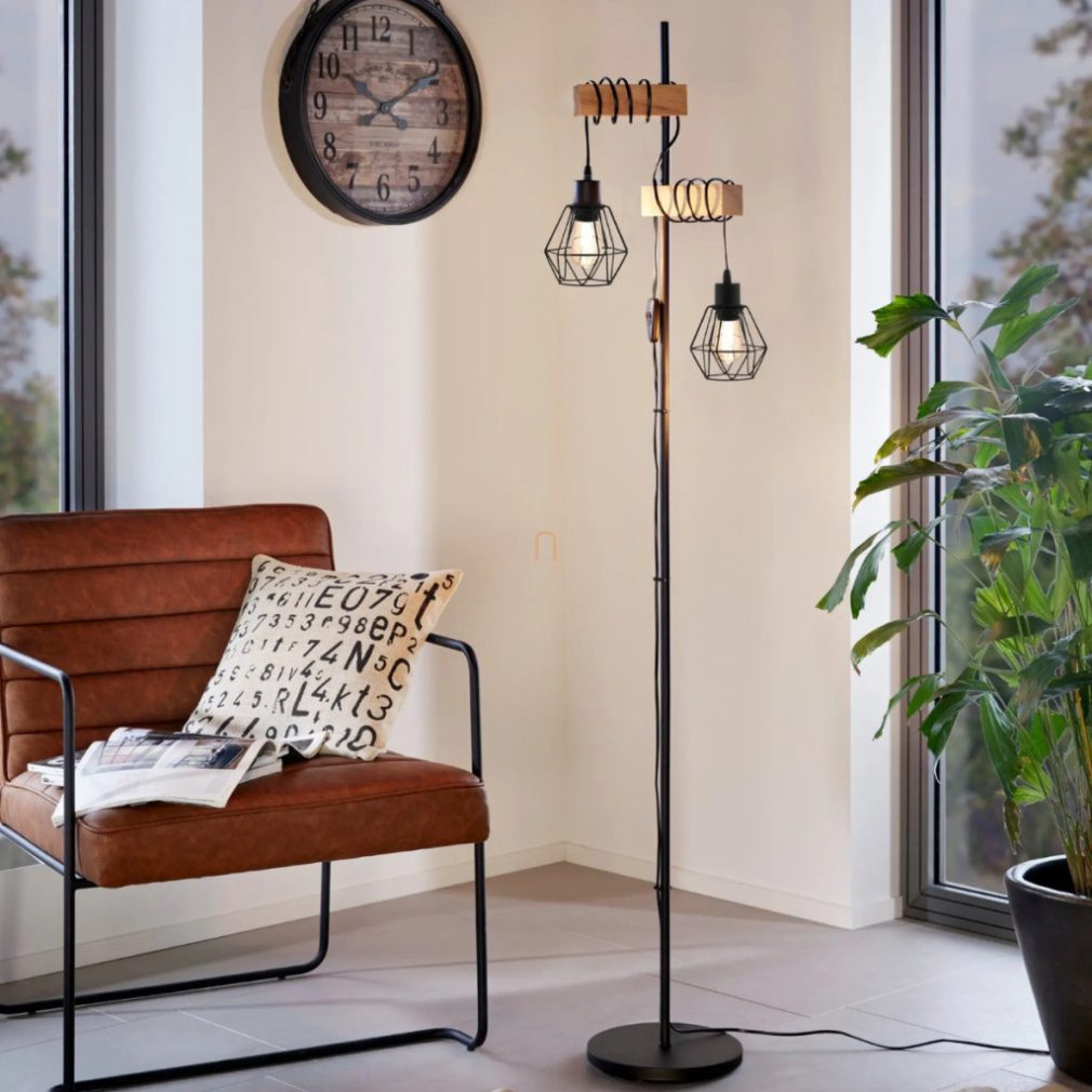 Lampa de podea cu abajururi din grilaj, 167 cm, negru-lemn - Townshend Eglo 44081, întrerupător cu șnur, 2xE27 soclu