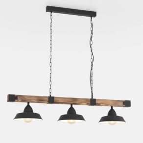   Lampă suspendată cu trei socluri, negru și culoarea lemnului - Oldbury Eglo 44086