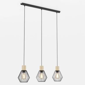   Lampă suspendată cu trei socluri, negru și culoarea lemnului - Palmorla Eglo 44094