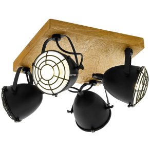  Lampă spot cu patru socluri, negru și culoarea lemnului - Gatebeck Eglo 49079