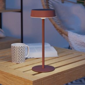   Lampă LED de masă pentru exterior, alimentată cu energie solară, reglabilă, roșie, 31 cm, comutator tactil, cu priză USB - Simeri Eglo 75879, 250 lm, 3000-6000 K, temperatură și luminozitate reglabile, 3 W, 5 V, IP44