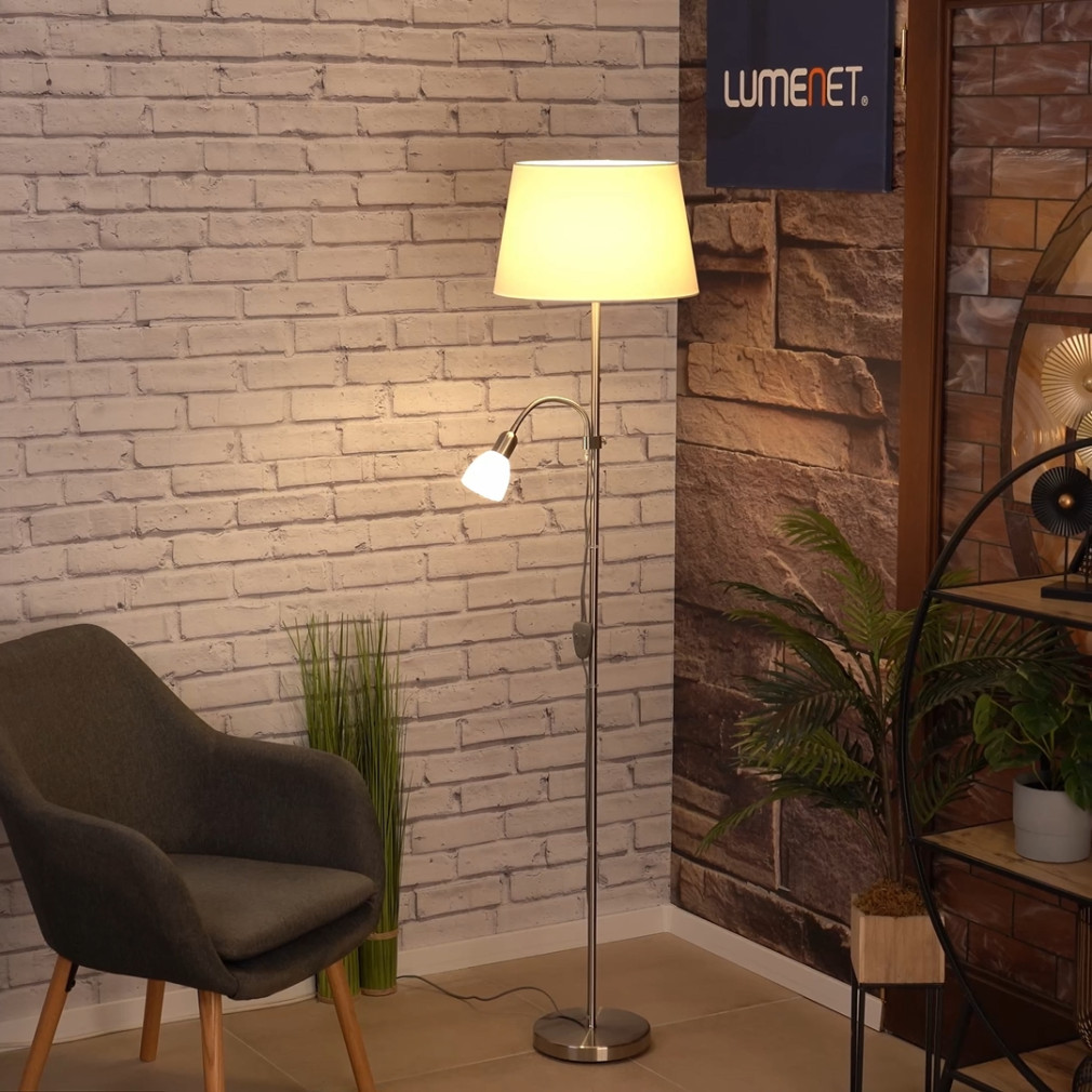 Lampa de podea 170 cm, alb-argintiu - Conesa Eglo 95686, întrerupător cu șnur, textil, sticlă, 1xE27+1xE14 soclu