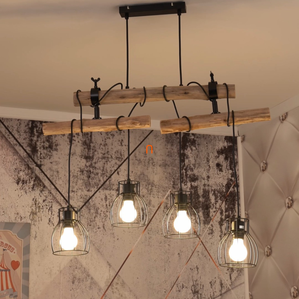 Lampa suspendată, 14 cm, negru-lemn, cu patru socluri - Mina Globo 15326-4H