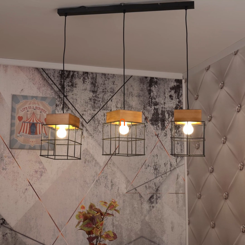 Lampa suspendată, negru-lemn, cu trei becuri - Merril Globo 15530-3H