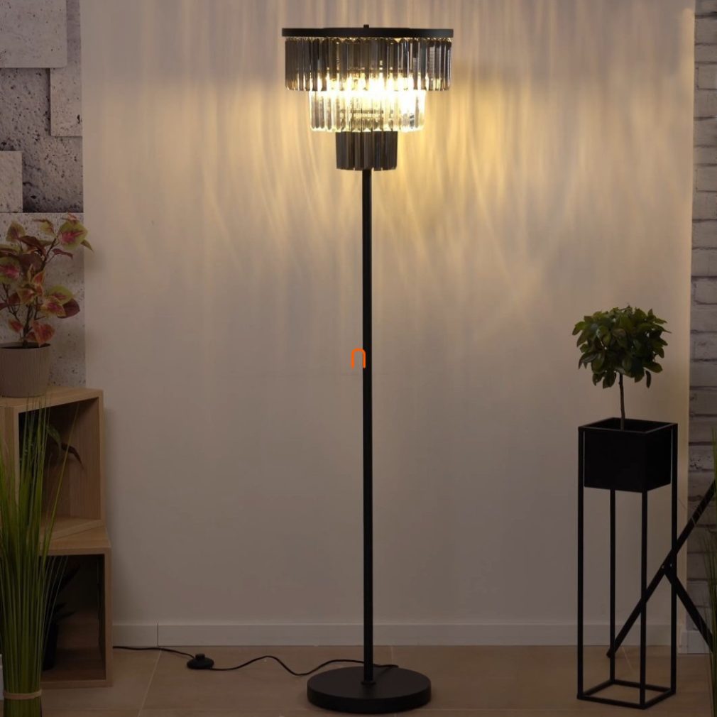 Lampa de podea Glamour cu cristale prismatice fumurii, 160 cm - Naxis Globo 15695S, comutator cu pedală, 3xE27, 230 V