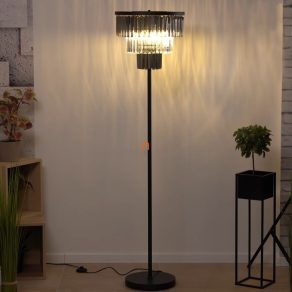   Lampă de podea elegantă cu cristale prismatice fumurii, 160 cm - Naxis Globo 15695S, comutator cu picior, soclu 3xE27, 230 V