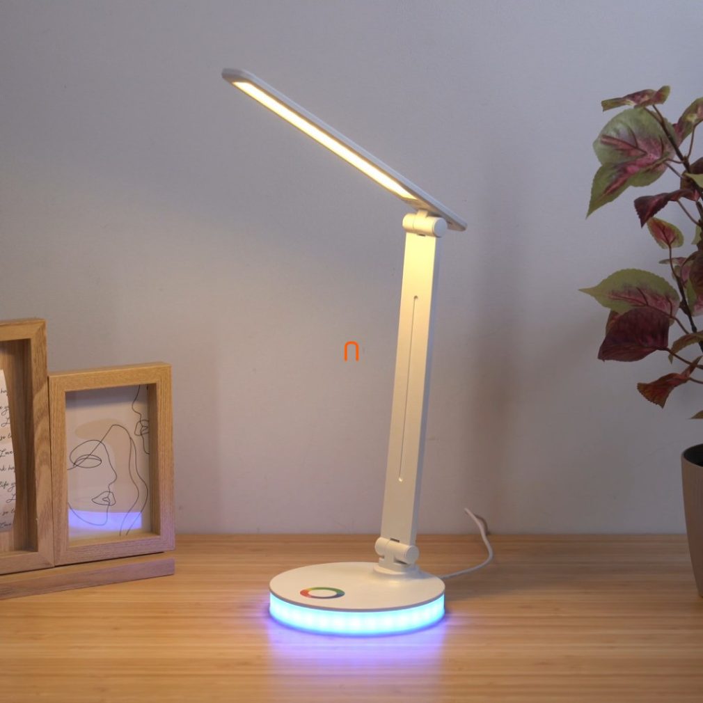 Lampa de birou LED reglabilă cu iluminare colorată a bazei, albă, 50 cm - Geraldo Globo 58445W, cu cablu USB, cablu de 1,2 m, 2700-6500-4000 K, 538 lm, 1 W, 230 V