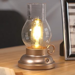   Lampă LED de masă cu activare tactilă, reîncărcabilă, efect de lampă cu petrol, culoare șampanie - Petro Globo 58016CH - luminozitate reglabilă, 2700 K, 65 lm, 1 W, cablu de 1 metru, alimentată cu baterii