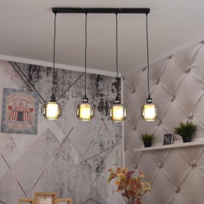   Lampă suspendată cu abajur din sticlă striată, de culoare fumurie, cu 4 socluri - Xia Globo 15754-4H