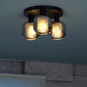  Lampă de tavan cu abajur din sticlă striată, de culoare fumurie, cu 3 socluri - Xia Globo 15754-3D