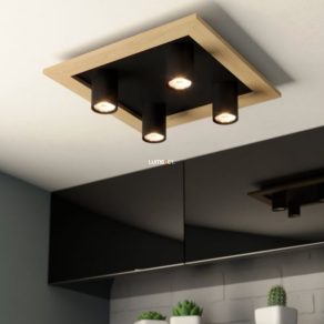   Lampă de tavan cu patru socluri, negru și culoarea lemnului - Valcasotto Eglo 900435